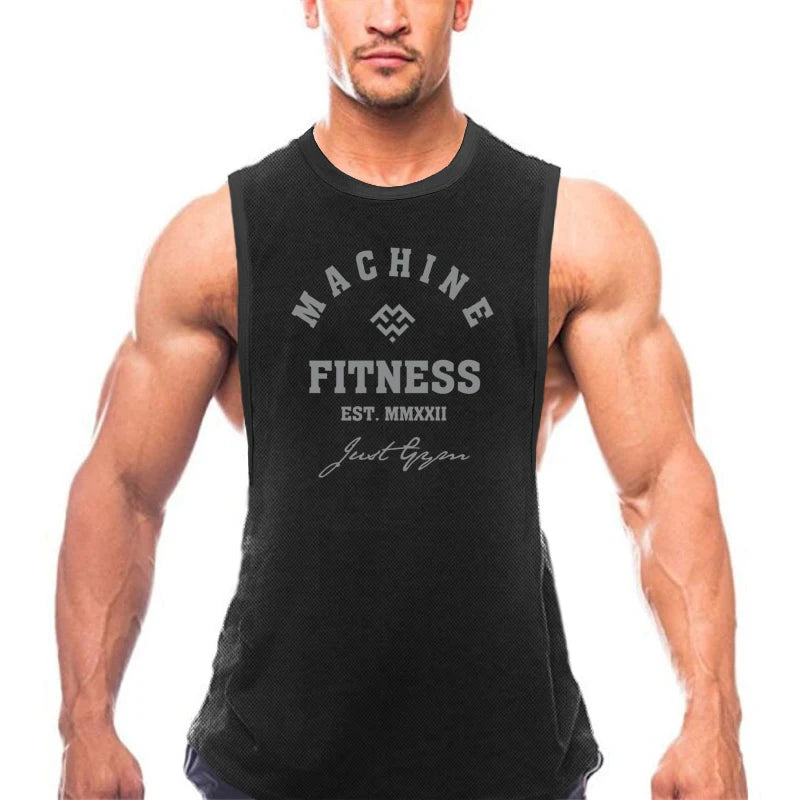 Gym Fitness Muscle Tank Tops Mens Bodybuilding Sleeveless Shirts Sports Running Vests Summer Mesh Breathable Quick Dry Clothing