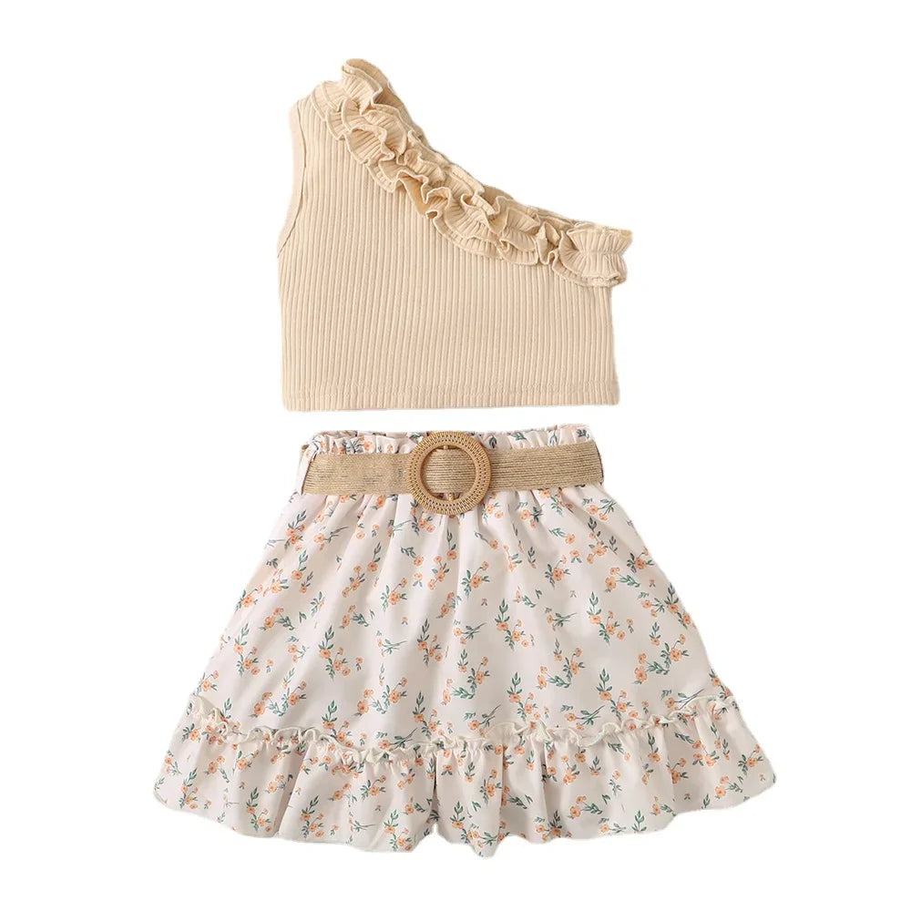 2PCS Kids Baby Girl Clothes Set Retro Off-Shoulder Top+Flowers Skirt Summer Sense Of Design Outfits for Child Girl 1-6 Years