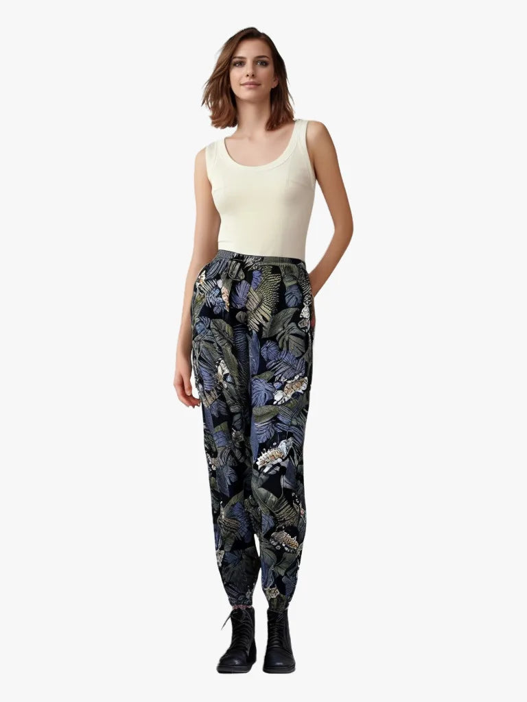 Asian version of women's spring/summer leaf print casual pants, outdoor ankle binding sunscreen pants