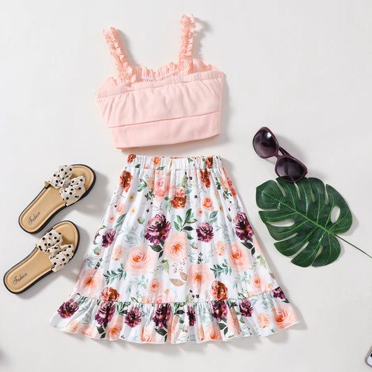 Girl's 2 Piece Outfits Cute Bow Frill Trim Cami Crop Top & Floral Graphic Skirt Set For Beach Holiday Summer Party Kids Clothes