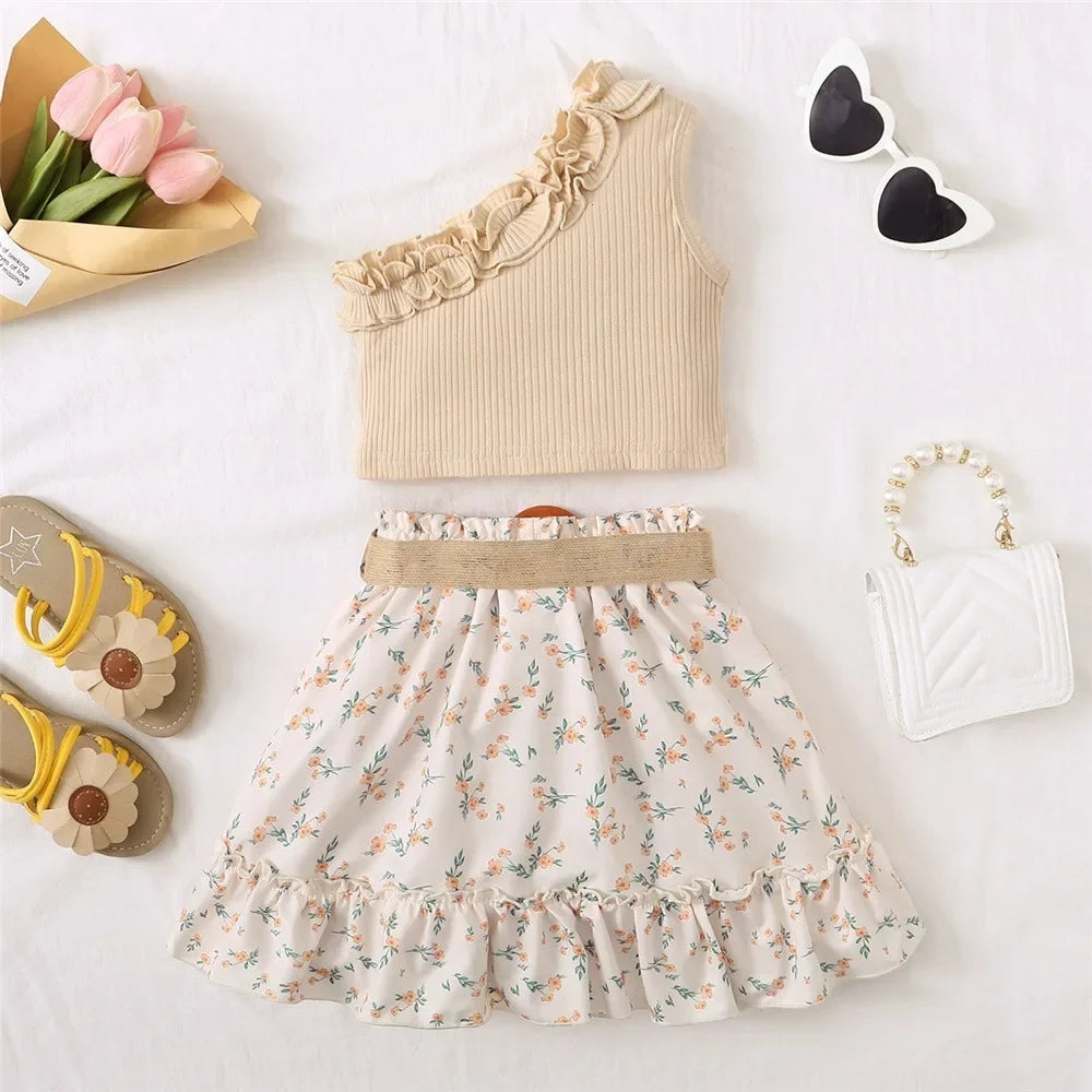 2PCS Kids Baby Girl Clothes Set Retro Off-Shoulder Top+Flowers Skirt Summer Sense Of Design Outfits for Child Girl 1-6 Years