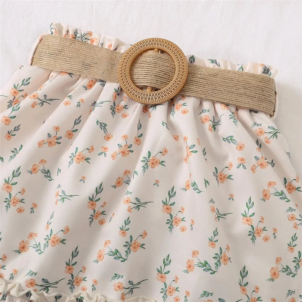 2PCS Kids Baby Girl Clothes Set Retro Off-Shoulder Top+Flowers Skirt Summer Sense Of Design Outfits for Child Girl 1-6 Years