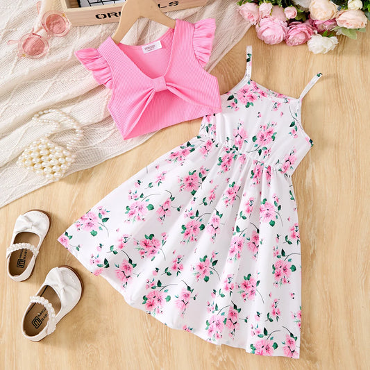 Children's Casual Dress For Girls Pink Knitted Top & Floral Printed Suspender Dress Kids Casual Sets Dresses Summer Fashion Sui