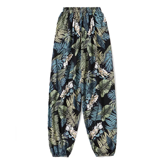 Asian version of women's spring/summer leaf print casual pants, outdoor ankle binding sunscreen pants