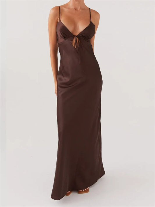 CHRONSTYLE Women Dresses Solid Color Sleeveless Strap V-neck Front Tie-Up Backless Long Dress Summer Slim Casual Female Vestidos