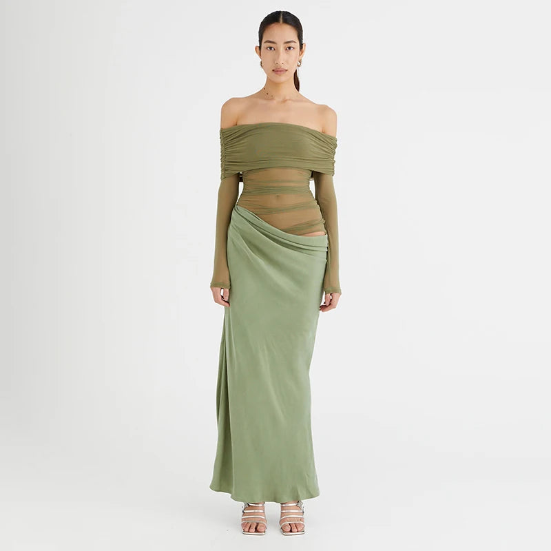 BUILDINGB Summer New Solid Color Long Sleeve Off Shoulder Dresses Sexy Wrap Hip Mesh See Through Ruched Patchwork Long Dress