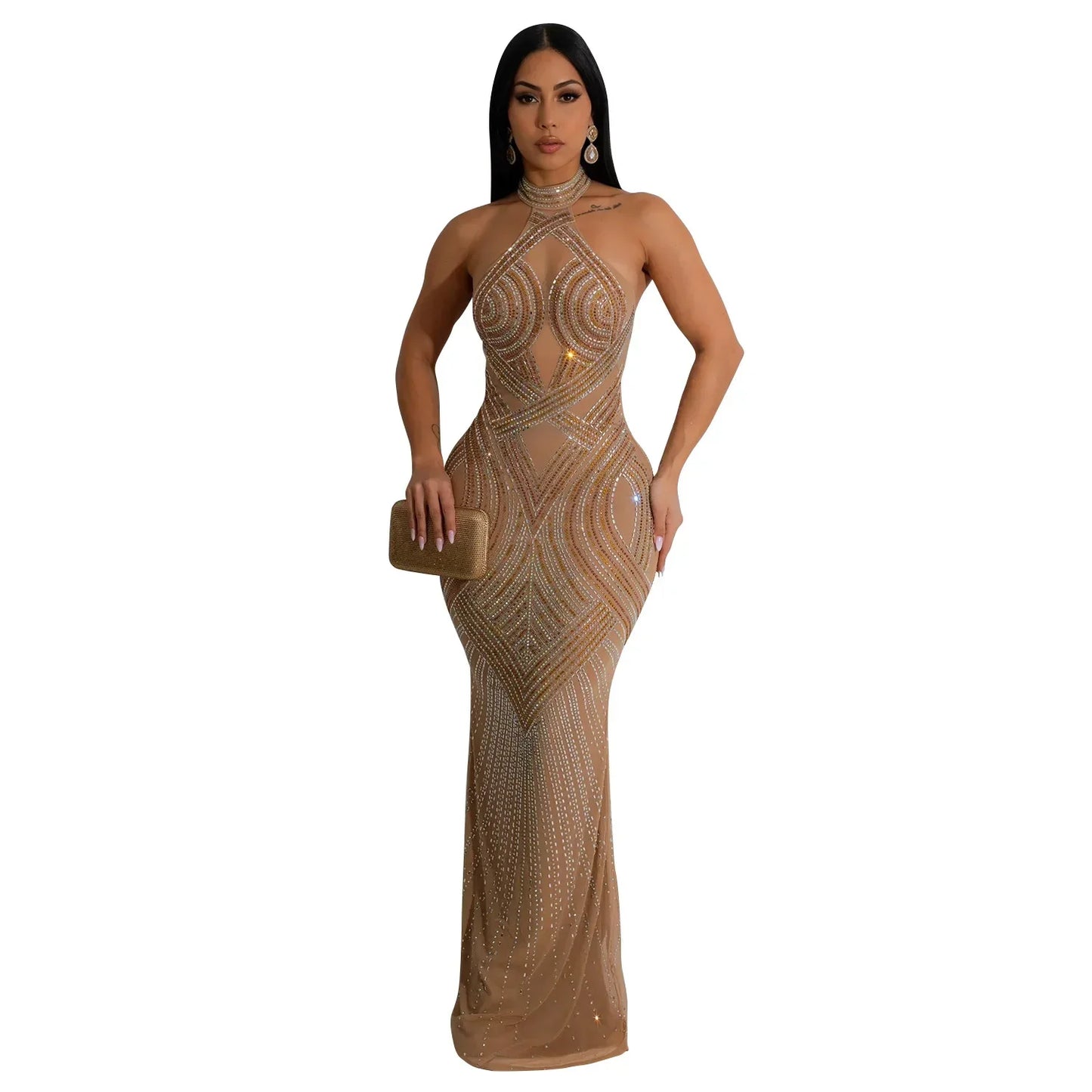 Fashion Women's Wear Solid Color Mesh Hot Rhinestone Halter Maxi Dress Sleeveless Formal Evening Long Dress Skinny Slim