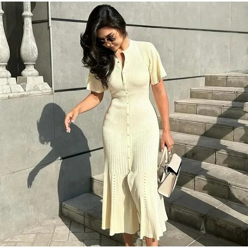 Elegant Knit Dress For Women White Slim O-neck Single Breasted Short Sleeve Long Dresses Female 2025 Spring Fashion Lady Robe