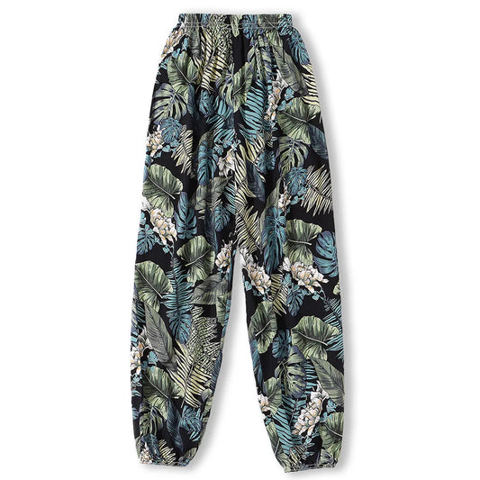 Asian version of women's spring/summer leaf print casual pants, outdoor ankle binding sunscreen pants